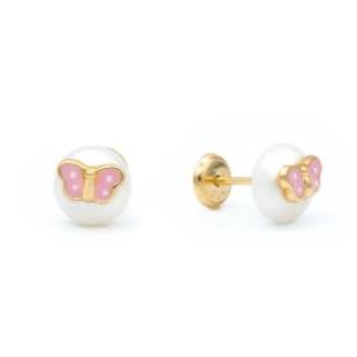 Aretes de Oro con Perla y Mariposa de Enamel Rosado